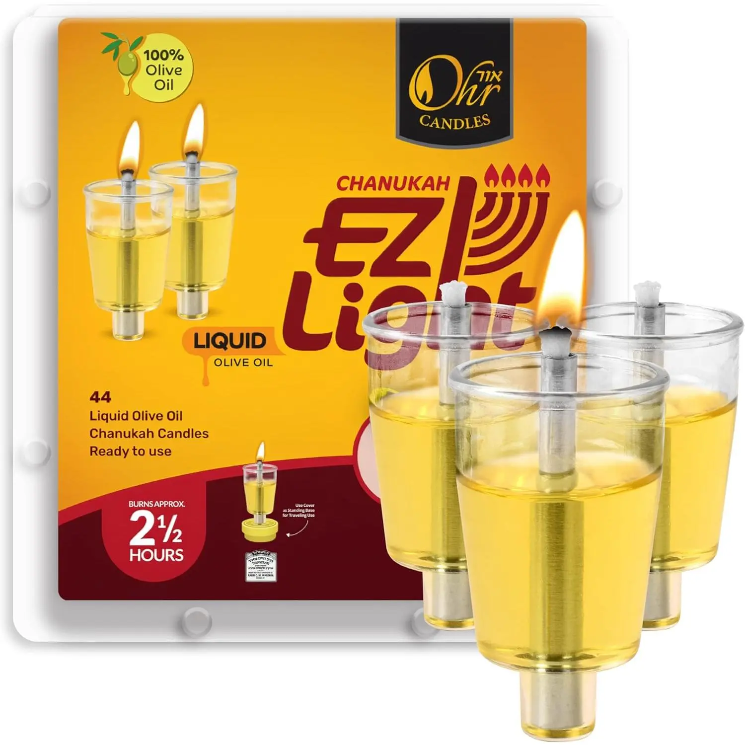 Pre-Filled Menorah Oil Cup Candles - Hanukkah EZ Lights Home Decor, 100% Olive Oil, Cotton Wick, 44-Pack, Burns Approx 2.5 Hrs