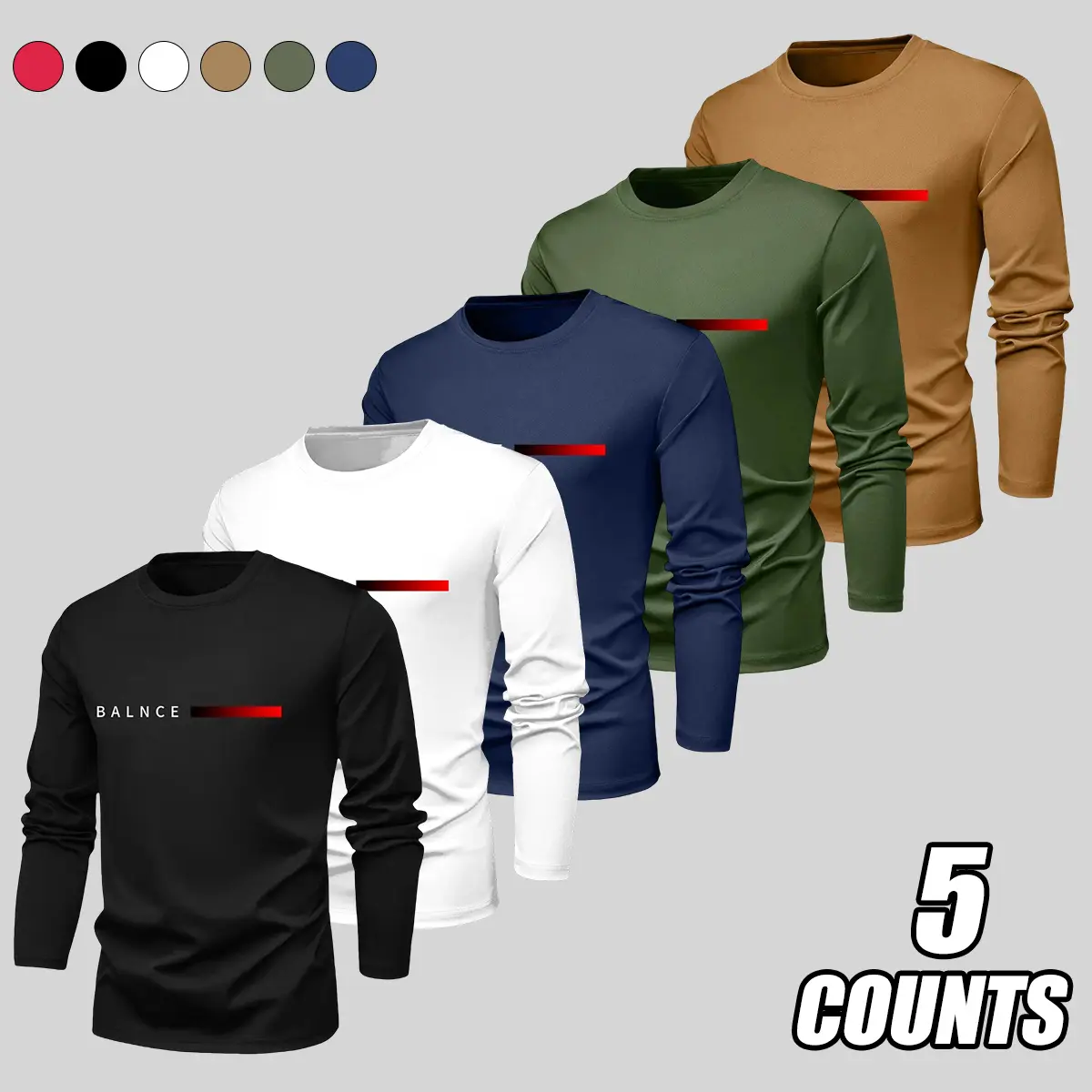 Men’s 5-piece set: long-sleeve T-shirts, lightweight sportswear for everyday wear and athletic apparel—sportswear, sportswear, sportswear, casual streetwear.