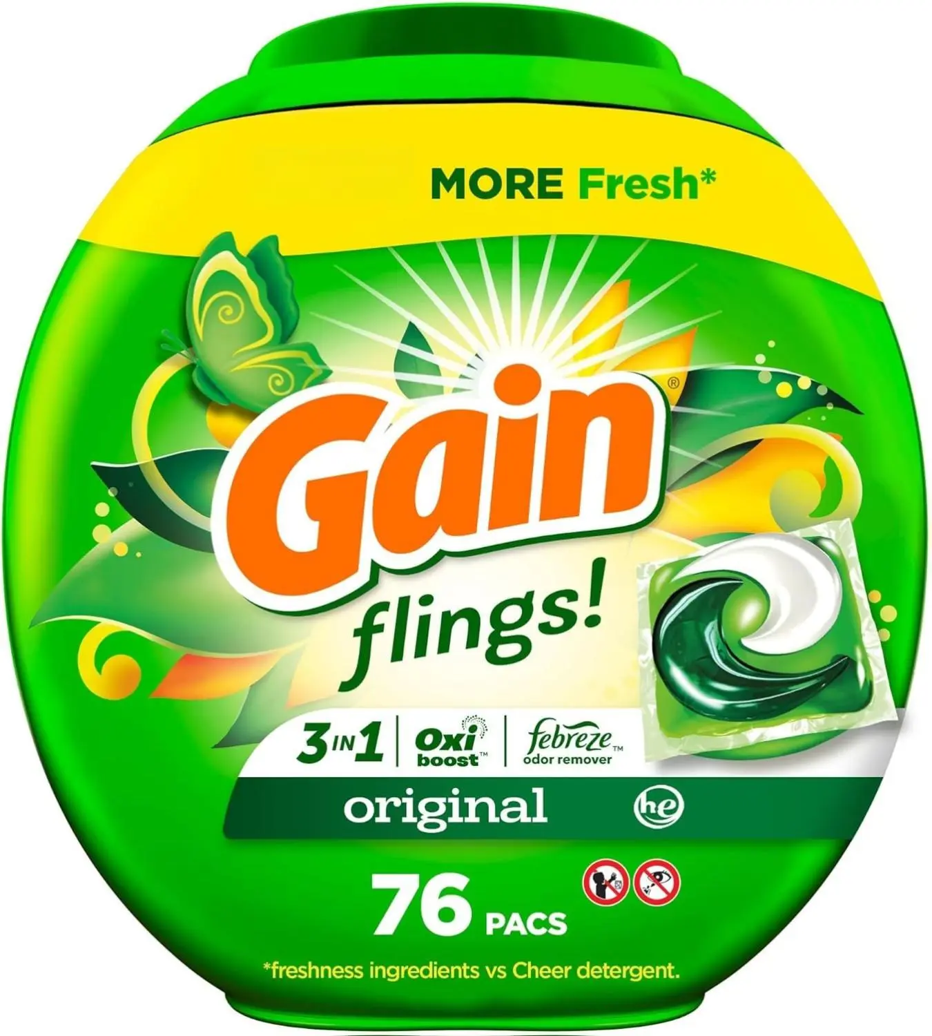 flings Laundry Detergent Soap Pacs HE Compatible Long Lasting Scent, Original Scent, 76 Ct, Gain Laundry Detergent