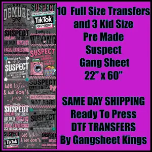 Premade Suspect Gangsheet DTF Transfer - Ready to Press, Convenient Quick Shipping, Direct to Film Transfer for DIY Specialty Supplies, Convenience