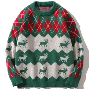 HYPESTFIT Unisex Christmas Elk Pattern Knit Sweater Fitted Crewneck Long Sleeve Pullover for Couples Festive Winter Outfit Cozy Knitwear Medium