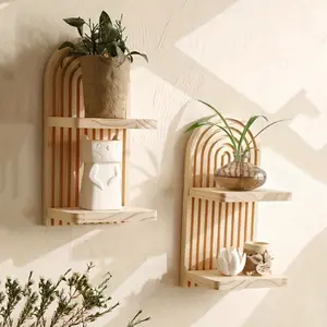 Wooden Double Wall Shelves Curved Faux Wood Floating Shelves for Home Decor and Plant Display