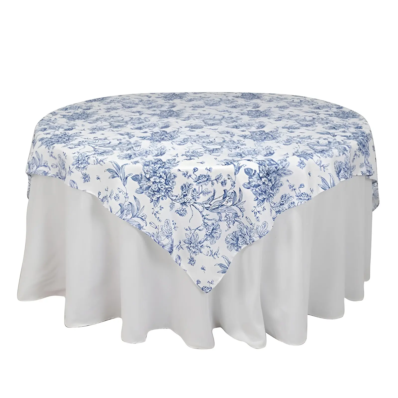 Square White Polyester 70"x70" Single-Piece Table Overlay - Blue French Toile Pattern, Low Temp Dry, Warm Water Machine Wash for Weddings & Stylish Events