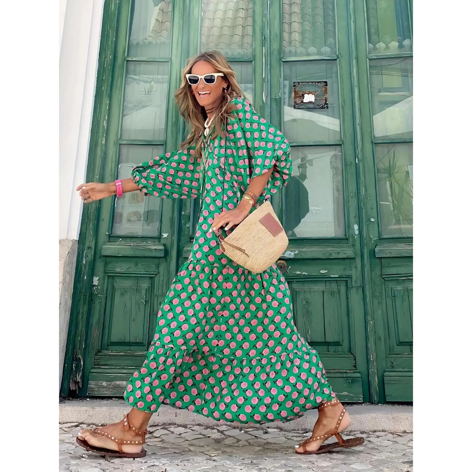 Women's Ditsy Floral Print Dress, Fashion Long Casual Elegant Dresses for Daily Holiday Vacation Wear, Ladies Dress for Summer, Sundresses, Boho Style Dresses, Bohemian Womenswear, Boho Summer Clothes Women