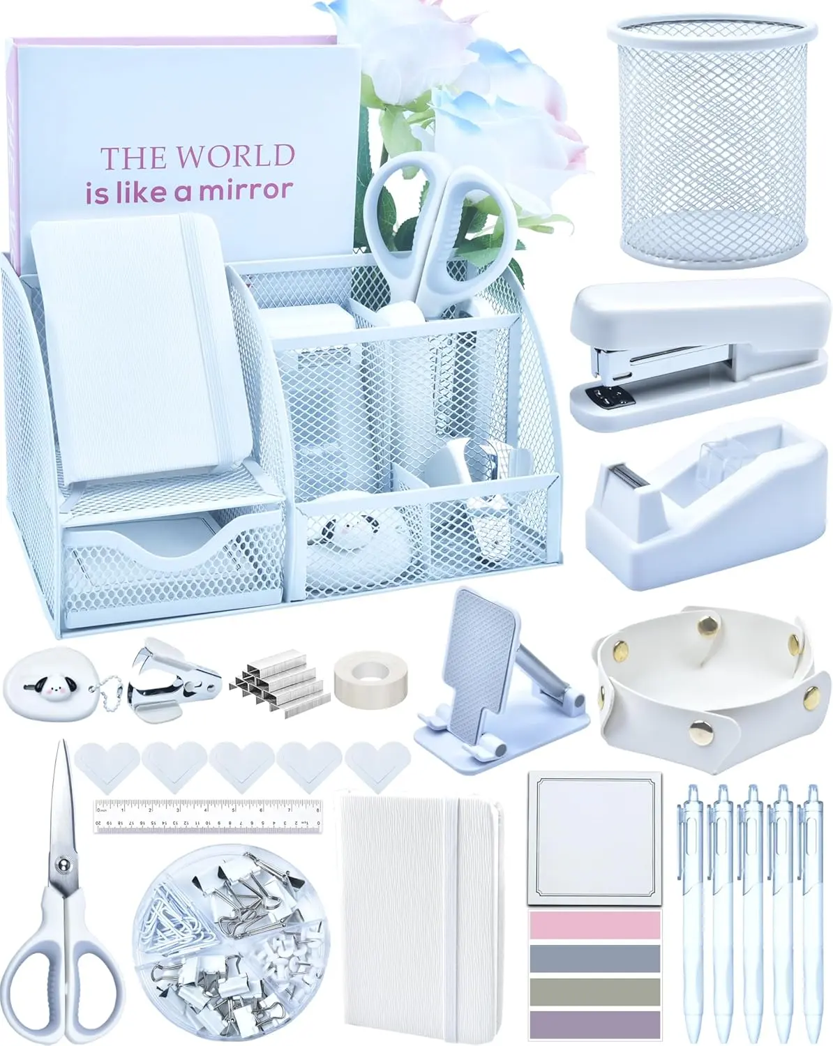 White Desk Accessories, 25 count White Office Supplies and Desk Organizers, with Tape Dispenser, Stapler, Staple Remover, Ect, Christmas Gifts