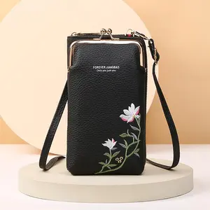 Flower Embroidery Phone Bag With Lock Buckle Outdoor Long Wallet Fashion Multi-functional Convertible Versatile Adjustable Small Shopping Shoulder Strap Crossbody Bag Women's PU Leather Small Card Holder Forever Zip Bday Girl Wallet Woman Phone Holder