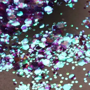 Evanescent Glitter Package - Reflective Hexagonal Shapes & Multicolored Glitters for Decorative Nails - 2 oz Glam Pack with Large Fluorescent Hexagons and Fine Multicolored Glitters