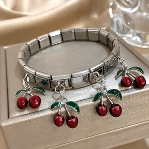 Cute Silver 3D Dangling Cherry Bracelet for Women, Italian Charm Stretch Expansion Band, Y2K Coquette Fruit Jewelry Gift men