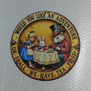 Vintage Style Alice in Wonderland Tea Party Aluminum Wall Sign, Durable Metal Plaque with Rabbit and Girl in Red Suit Floral Decor, Home Decor Products for Home
