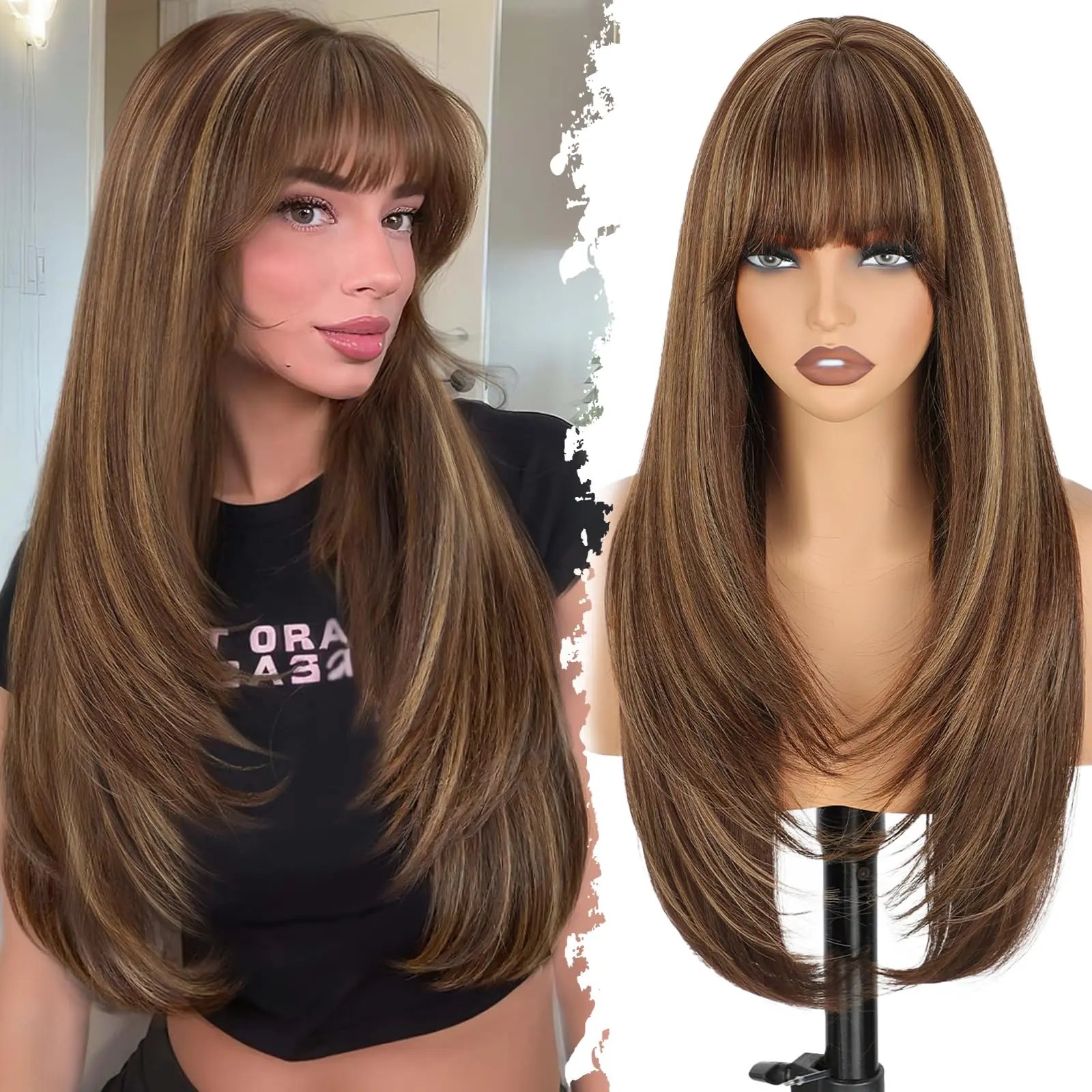 26 Inch Ombre Synthetic Wig for Women, Long Layered Straight Brown Blonde Hair with Bangs, Natural Looking Glueless Wig for Daily Wear, Party & Cosplay, Synthetic Hair, Female, Breathable And Comfortable, Long Layered Straight Hair With Bangs