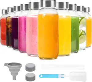 12 oz Glass Juice Bottles with Lids, 10 Pack Reusable Glass Water Bottles with Stainless Steel Caps & Straws, Leak-Proof & BPA-Free Containers for Juicing, Smoothies, Iced Tea, Wellness Drinks