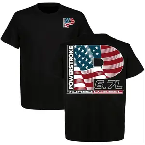 6.7L Powerstroke Turbo Dsel USA Flag 2-Sided T-Shirt, Parts Shirt For Truck & Car Enthusiast, Unisex Casual Crewneck 100% Cotton, Made in USA