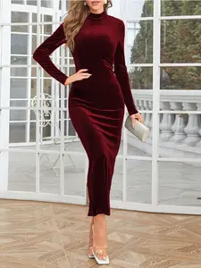 Elegant Women's Solid Color Velvet Dress, High Neck Turtleneck Fall Fashion Bodycon Split Hem Long Sleeve, Stylish and Slim Fit, Perfect for Casual Wear