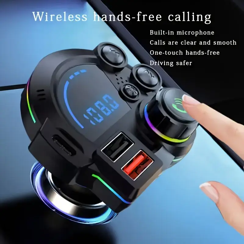 PD 20W Type-C Bluetooth 5.3 FM Transmitter Car Charger with Ambient Lighting , Wireless MP3 Player with Dual USB Ports, RGB Light Radio Adapter, Clear Hands-Free Calling, Essential Car Accessory for Road Trips, Compatible with 12V-24V Vehicles