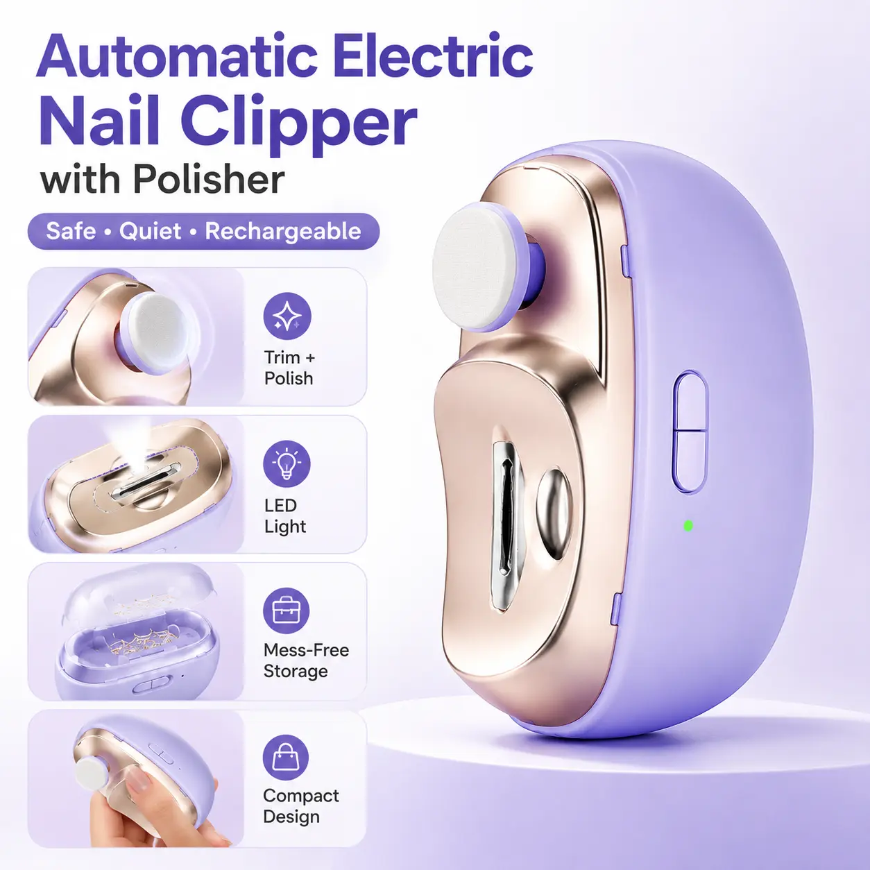 Rechargeable Electric Nail Clipper & Polisher, Automatic Nail Trimmer with LED Light and Scrap Storage, Quiet Nail Care Tool for Adults & Seniors