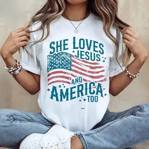 Women's Independence Day Patriotic T-shirt, Christian Shirt, 4th Of July Shirt, She Loves Jesus And America Too Shirt, America Retro Shirt, Usa Shirt, USA Flag Tee for Women