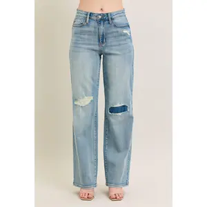 High Waisted Distressed & Knee Patch Straight
