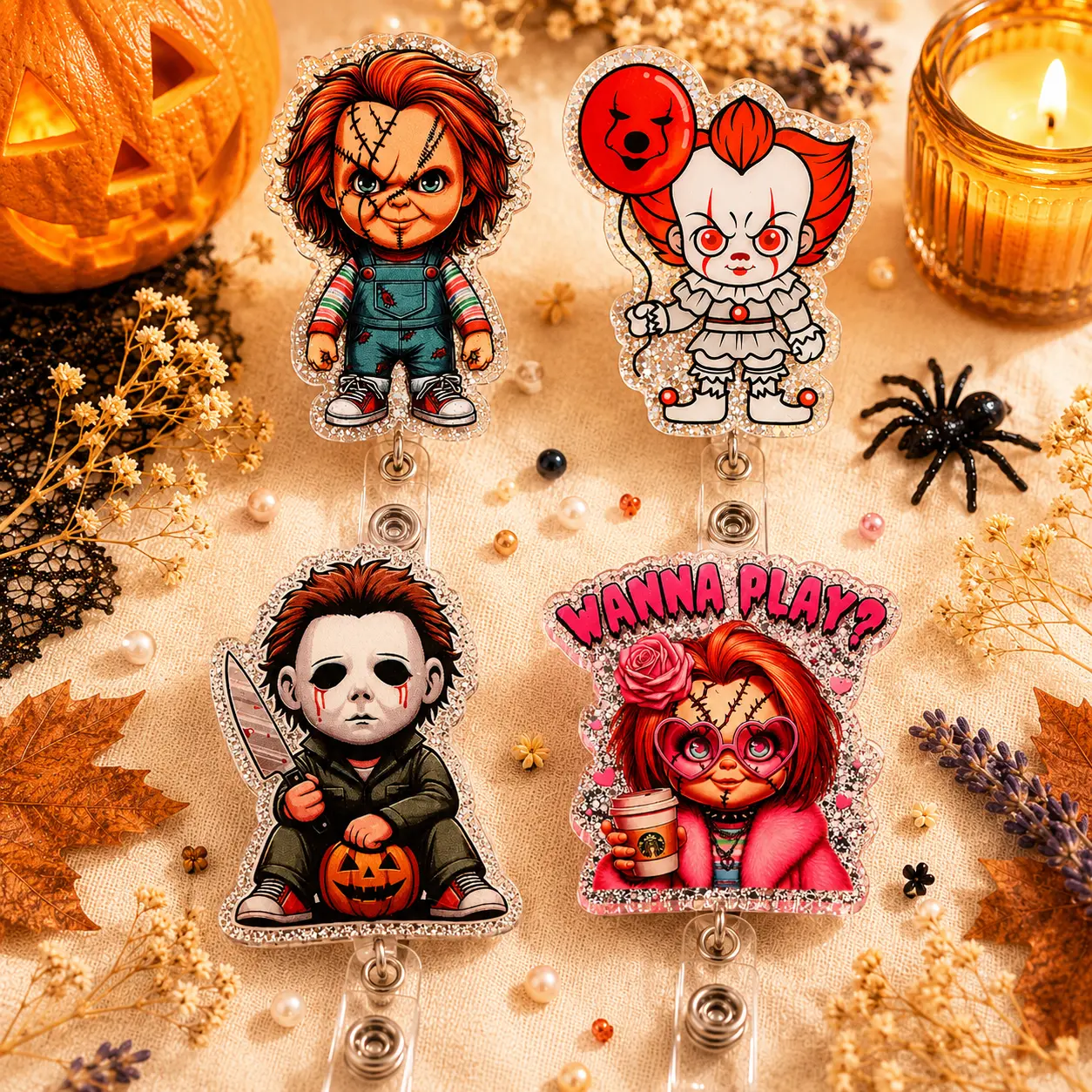 Spooky Horror Character Badge Reel, Halloween Acrylic Retractable ID Holder, Creepy Doll & Clown Badge Clip, Glitter Nurse Badge Reel, Gift for Healthcare Workers