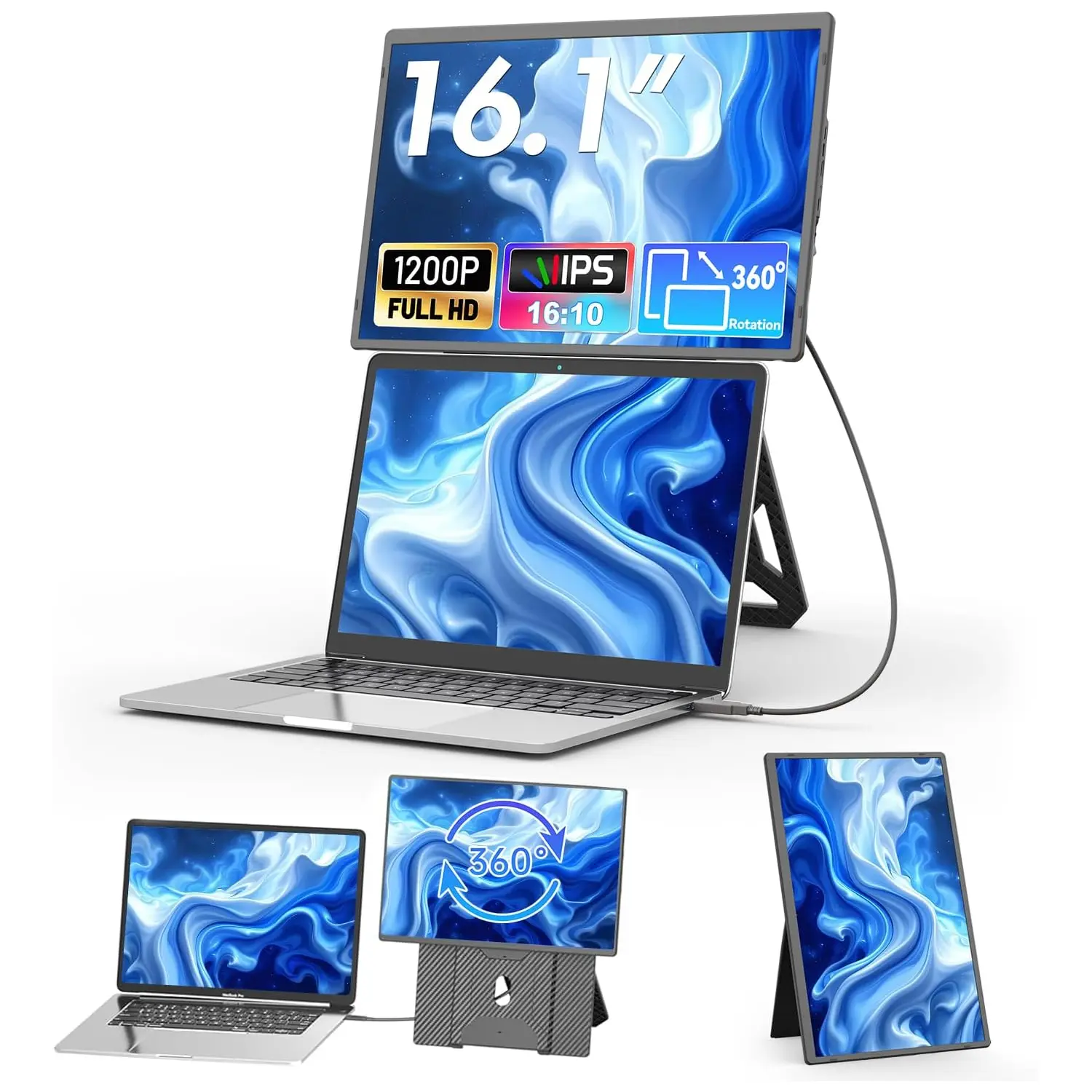 domyfan 16.1'' Laptop Screen Extender, 360° Rotating Detachable Stand/VESA Support, FHD 1200P IPS Portable Monitor, Plug & Play with HDMI/USB-A/Type-C, Compatible Win/Mac/Android