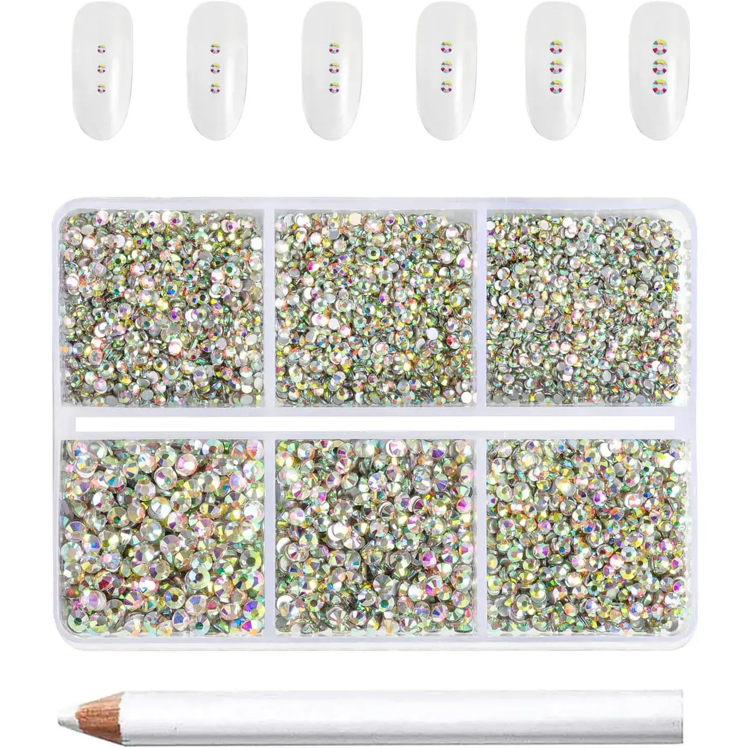 Flatback Rhinestones,AB Crystal Rhinestone Nail Gems Round Crystal Rhinestones for Crafts,Mixed 6 Sizes with Wax Pencil Kit