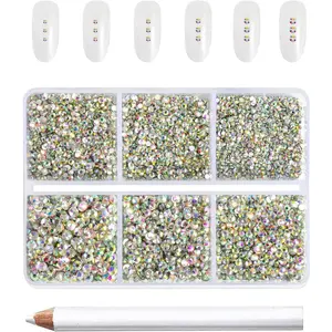 Flatback Rhinestones,AB Crystal Rhinestone Nail Gems Round Crystal Rhinestones for Crafts,Mixed 6 Sizes with Wax Pencil Kit