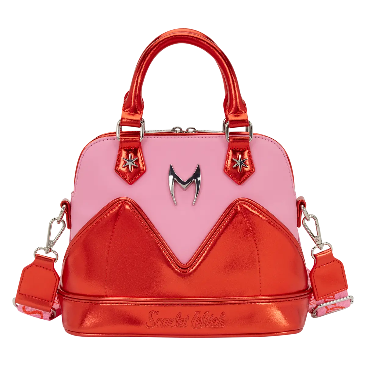 Loungefly Marvel Scarlet Witch Wanda Fashion Crossbody Handbag, Metallic Polyurethane Purse with 3D Molded Rivets & Debossed Detailing, Cross Body Bags, 3D Rivets, Jacquard Strap