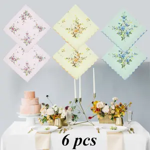 6 Pcs Women's Wavy Edge Handkerchiefs Print Floral Cotton Handkerchief Fashion Accessories