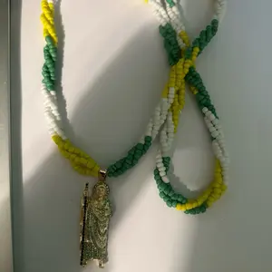 St Jude Necklace with Green and Yellow Beads, Silver Pendant, Simple Design