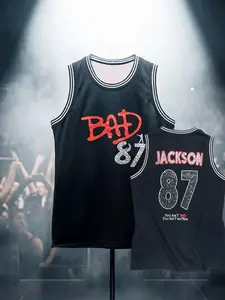 Michael Jackson BAD 87 Retro Basketball Jersey, Black with Red & Silver "BAD 87" & "JACKSON 87" Print, Breathable Mesh for MJ Fans, 80s Music Lovers, Concert Goers & Streetwear Collectors