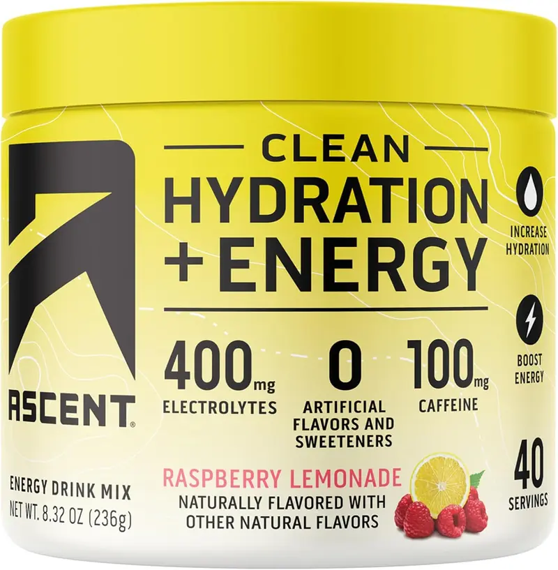 Clean Hydration and Energy Electrolyte Powder with 100mg Caffeine and 400mg Electrolytes, No Artificial Ingredients, Raspberry Lemonade, 40 Servings