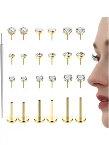 14K Gold Plated Threadless Nose Studs for Women Men 316L Stainless Steel Labret Stud Push In Nose Ring Stud Monroe Lip Rings CZ Opal Flat Back Nose Piecing Jewelry 1.5mm 2mm 3mm