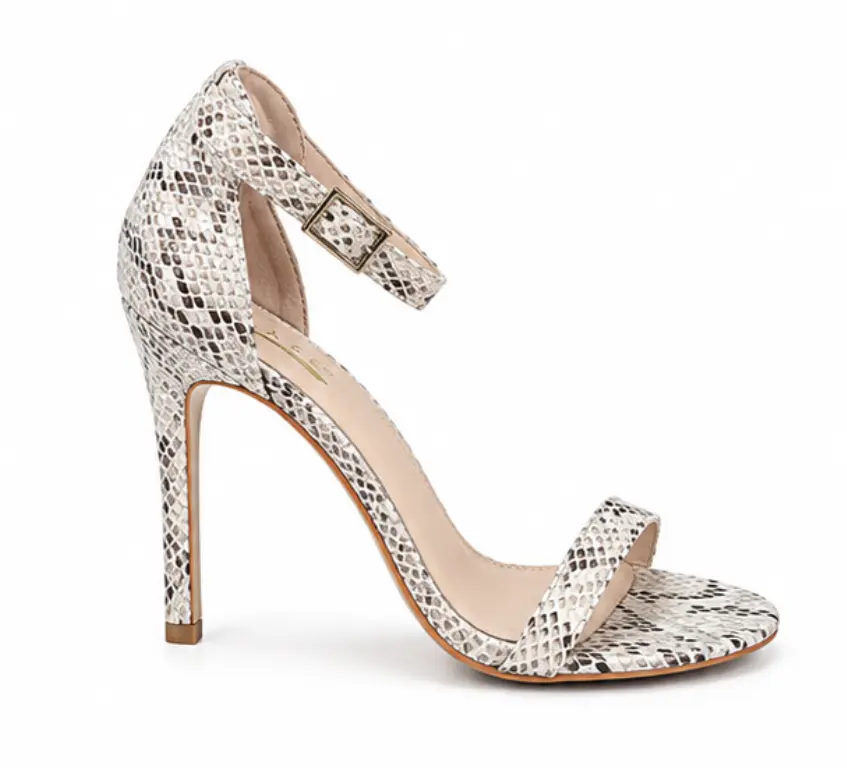 Elegant Faux Snakeskin Ankle Strap Stiletto Heels – Nude & Ivory Open Toe Dress Sandals