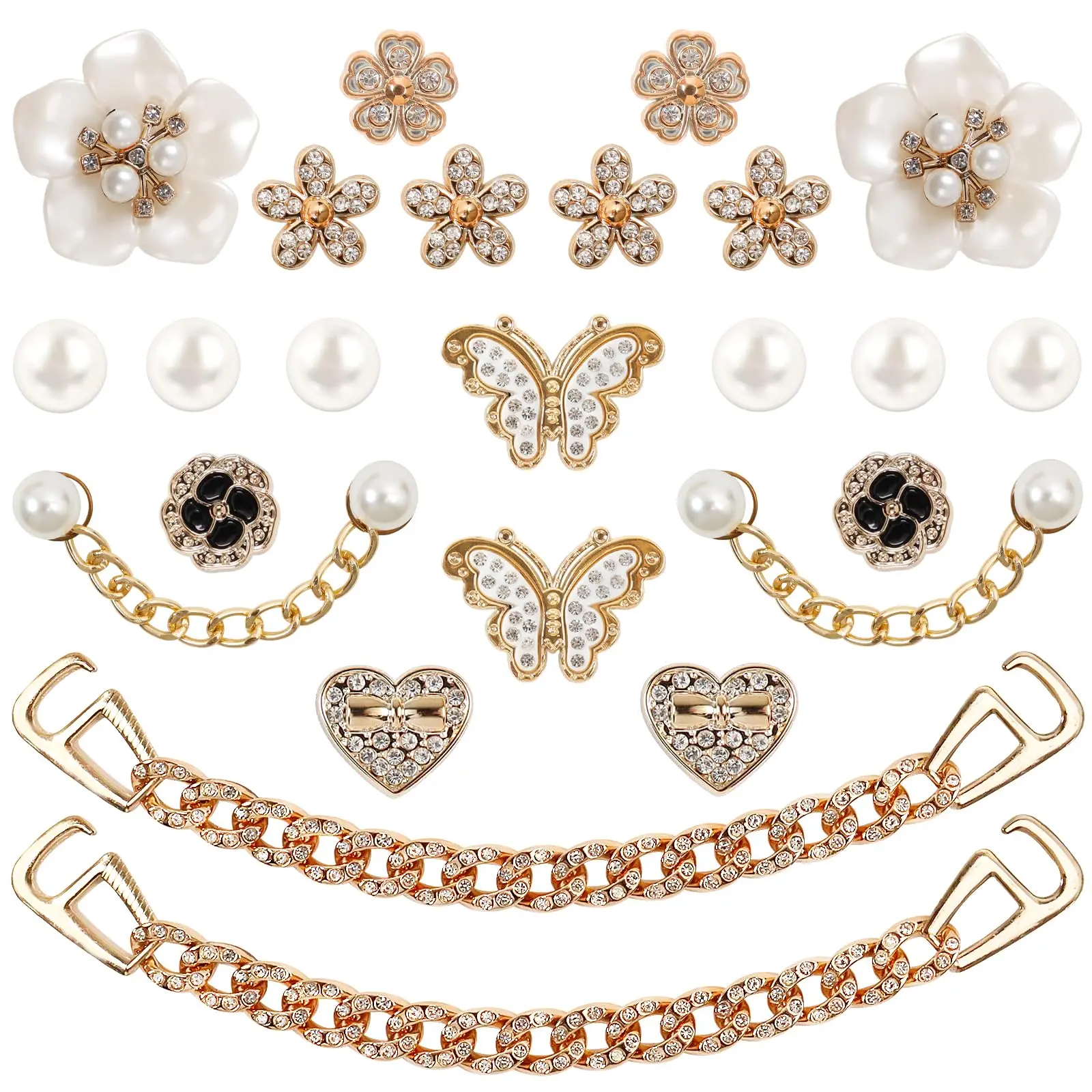 Women's 24-Piece Elegant Rhinestone Shoe Charms Set, Premium Materials Bling Butterfly Pearl Flower Shoe Accessories, Lightweight Plastic DIY Decorations with Gold Chains, Easy to Attach-Remove Halloween Lovers Multi-Purpose Ornaments