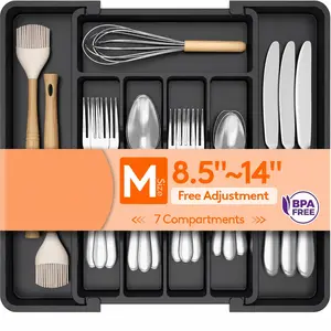 Expandable Silverware Organizer, Plastic Utensil Tray for Kitchen Drawer, BPA Free Flatware Cutlery Holder, Space-Saving Storage for Spoons Forks Knives, 8.5-14 x 12 x 1.5 inch, Black