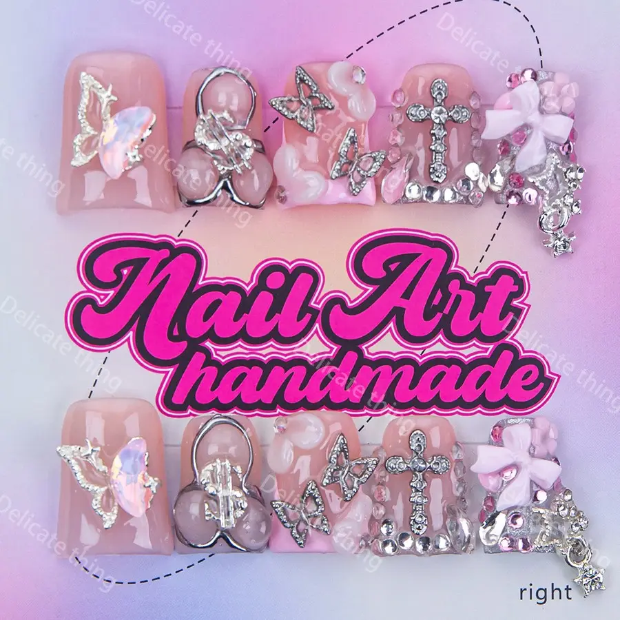 Delicatething Y2K Style Duckbill Nails, Handmade Wearable Nails, Decorative Nails, Nail Art, Nail Art Supplies, 4 Sizes XS S M L, Bow Design, Perfect Gift for Girls