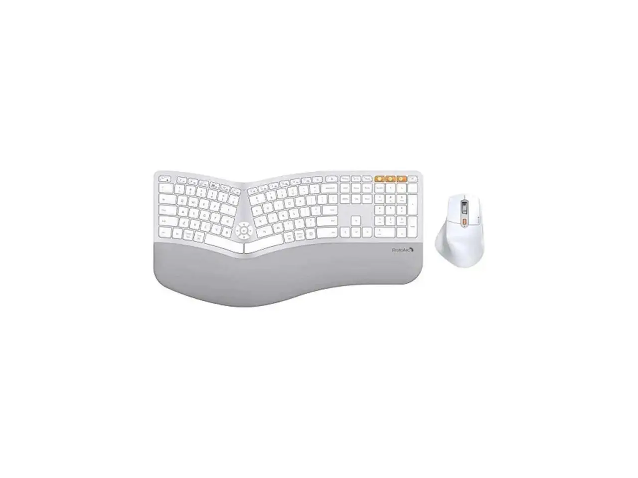 ProtoArc Full Size Wireless Bluetooth Ergo Keyboard Mouse Combo - Split Design, Wrist Rest, Multi-Device, Rechargeable, for Windows/Mac OS, EKM01 PLUS - Silver