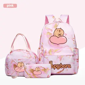 3pc Cracked Design Backpack Set, Cute Cartoon Capybara Theme, Multiple Colors, Durable Material, Computer Compartment, Lunch Bag & Pencil Case