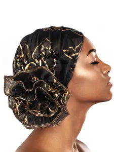 New Lightweight Spring Autumn Beauty Silk Large Flower African Turban Style Headscarf Hat, Rose Pattern, Stylish All-Season Accessory