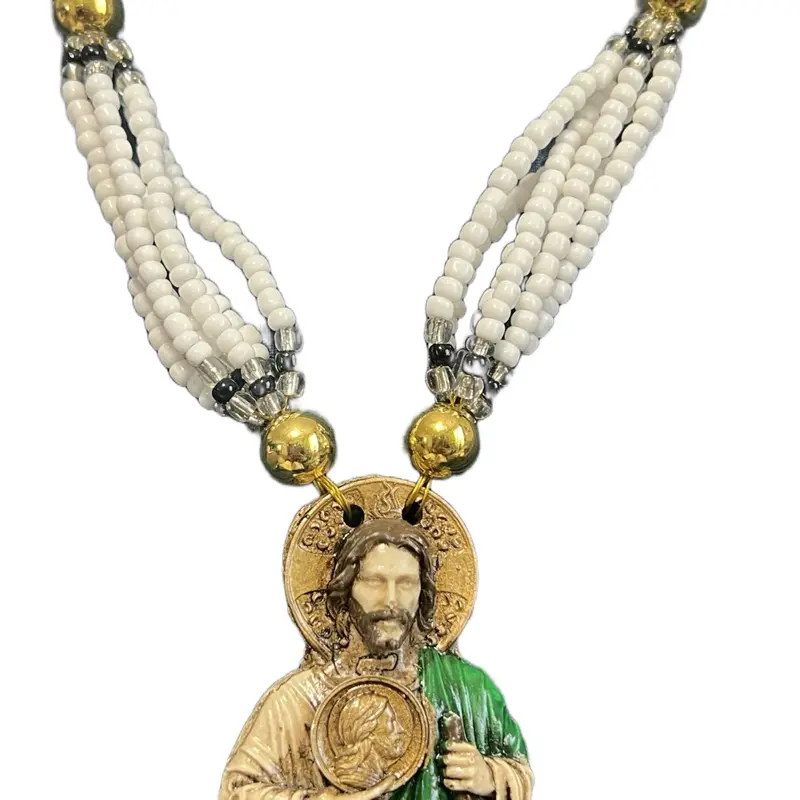 San Judas Tadeo Necklace for Devotion & Style Large Unique Design Handmade with 6 Strands of Seed Beads in white Green White Gold-Tone & Wood-Style Beads 18 Inches Length Boho Style Jewelry