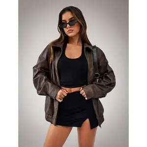 Vintage women’s drop-shoulder loose zip-up jacket for autumn, brown faux leather with a mottled texture and washed distressed finish (PU). Suitable as a costume, Christmas, Halloween, or winter outfit for women.