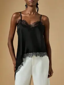 This Lace Trim Satin Cami is Old Elegant  Asymmetrical Hem V-Neck Camisole