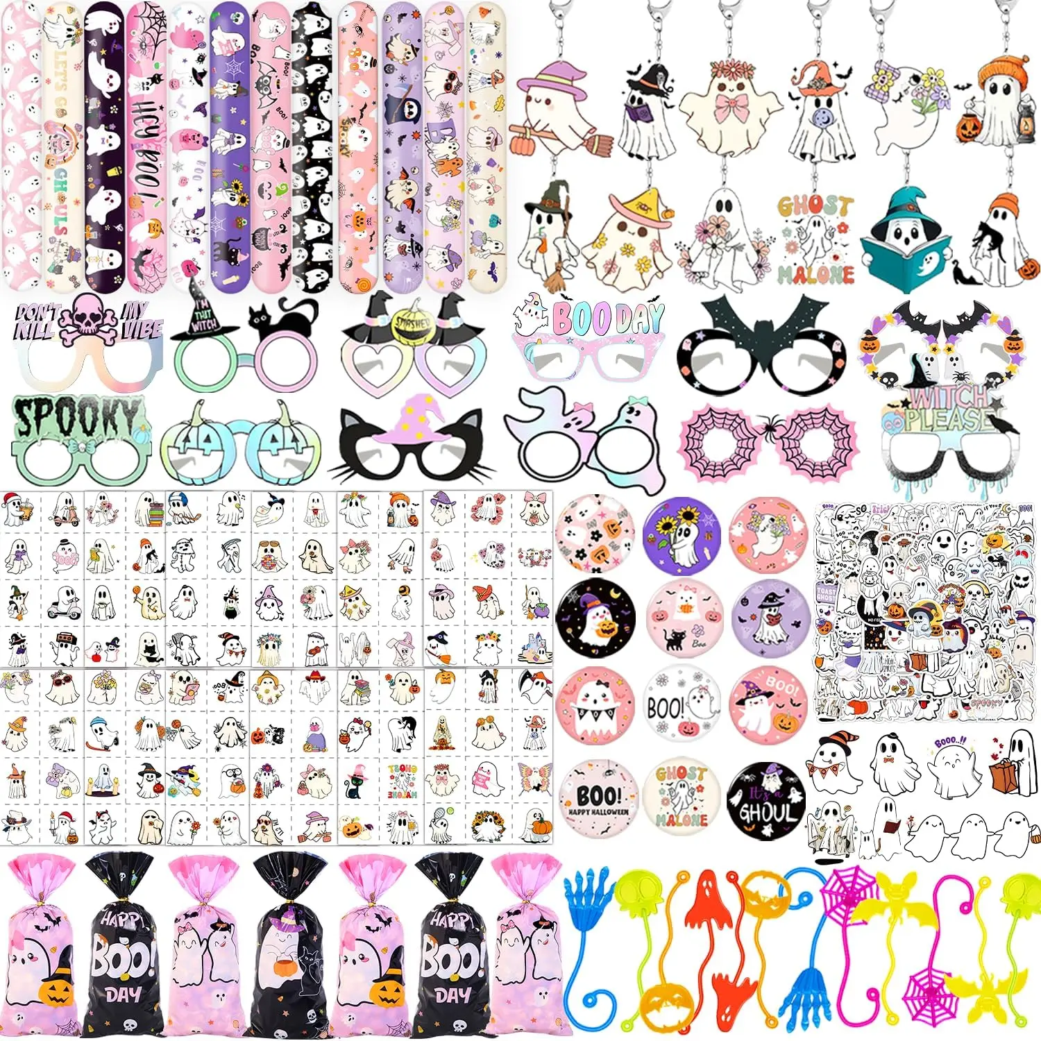 Halloween Fall GIft 266 Halloween Ghost Gifts, including pat-a-boo bracelets, flower stickers, pastel Halloween glasses, temporary tattoos, keychains, and badges, perfect for adult parties
