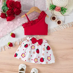 Baby Girls Outfitis One Shoulder Ruffle Tops Strawberry Flower Print Bow Skirts Set 2Pcs Summer Clothing From 6m-3y White Ready Stock 12504051
