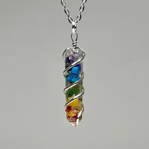 7 Chakra Stone in Orgonite Pendant Necklace: Seven Chakra Gemstone Wire Wrapped  with Chain