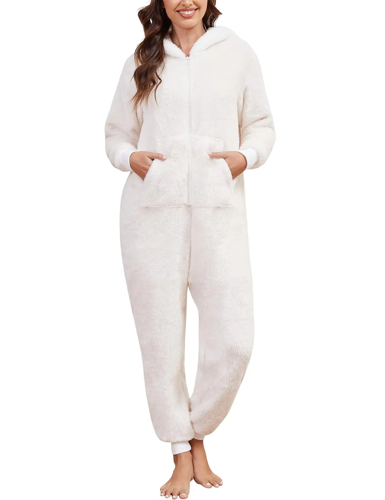 Wyeysyt Women's Fuzzy Onesie Pajamas, Warm Fleece Hooded Jumpsuit Loungewear, Soft Plush Winter Sleepwear for Women, Cozy One-Piece Homewear