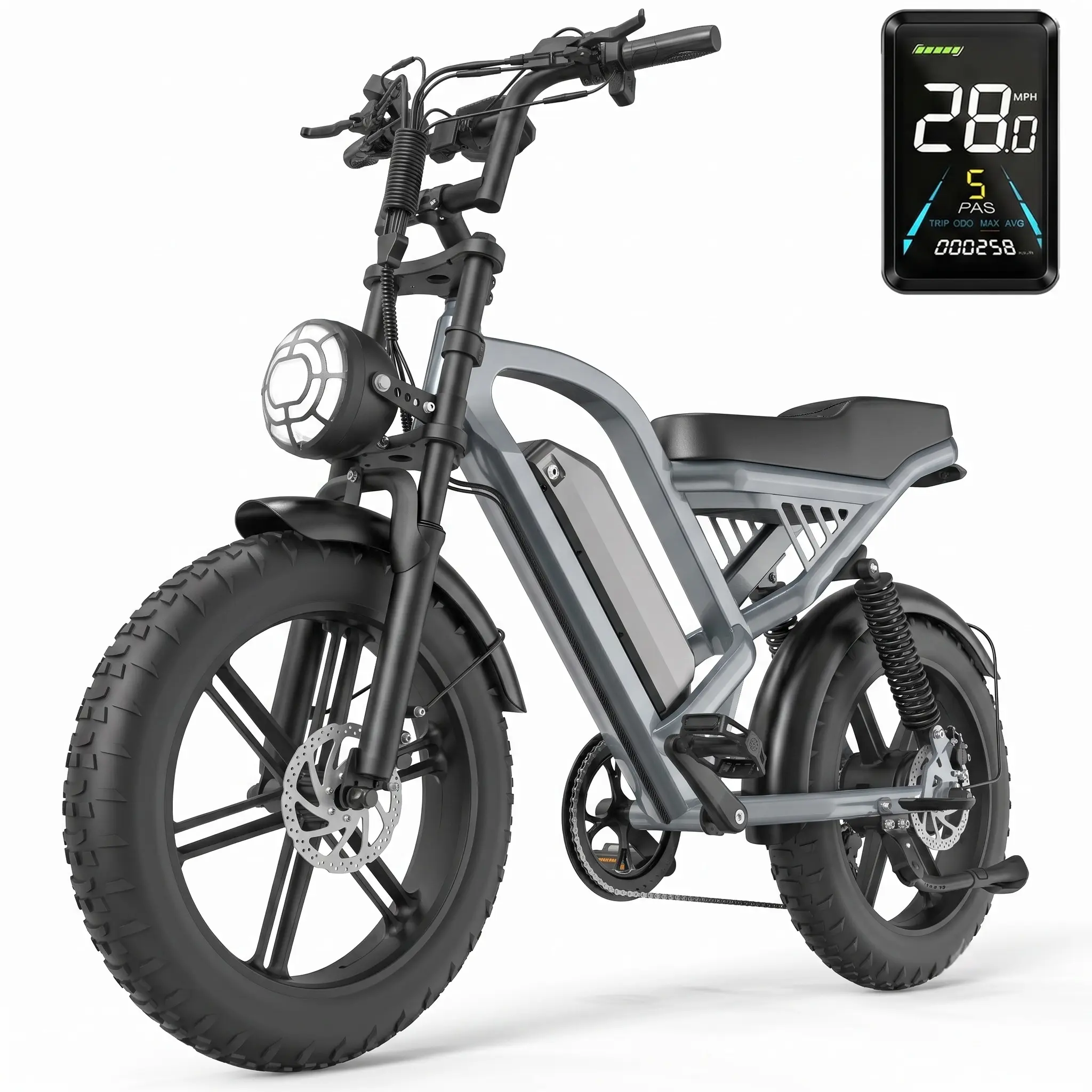 GT50 Adult Electric Bike, 1500W Peak Power, 20x4.0 Fat Tires, 48V 15.6Ah Removable Battery, Up to 28MPH Speed, 47-mi Max Range, 7-Speed, Hydraulic Brakes, Full Suspension, Dual LED Headlights