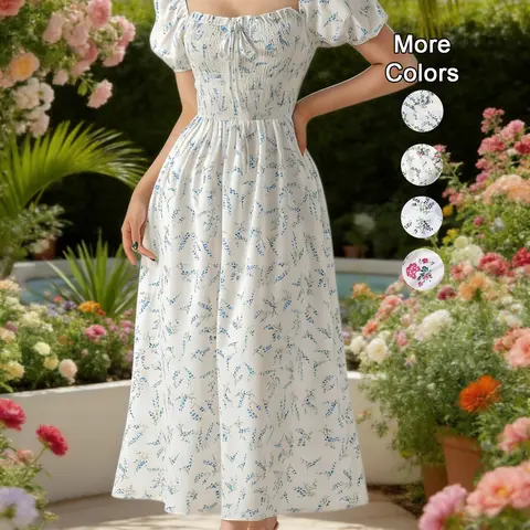 Women's Spring Summer Ditsy Floral Print Puff Sleeve Dress with Bow Tie, Elegant Fitted Design with Adjustable Square Neck, Long Princess Skirt Womenswear