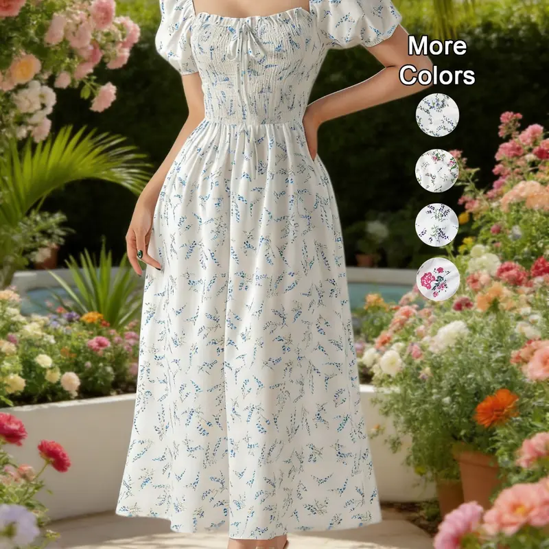 Women's Spring Summer Ditsy Floral Print Puff Sleeve Dress with Bow Tie, Elegant Fitted Design with Adjustable Square Neck, Long Princess Skirt Womenswear