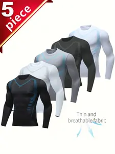 5-Pack Men's Long-Sleeve Compression Shirts with Geometric Print, Quick Dry Breathable Workout T-Shirts for Gym & Sports 5 Multi-Color Workout Shirts With Targeted Ventilation That Keep You Cool All Session