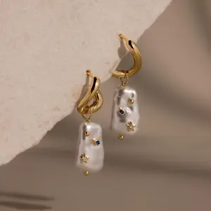 Starry Baroque Pearl Charm Hoops by Caitlyn Minimalist - Chunky Celestial Pearl Drop Earrings - Statement Jewelry - Bridesmaid Gifts